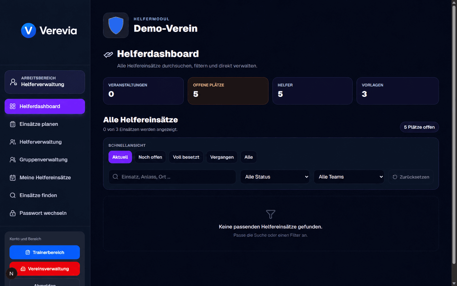 Helferdashboard und Einsatzfilter in Verevia