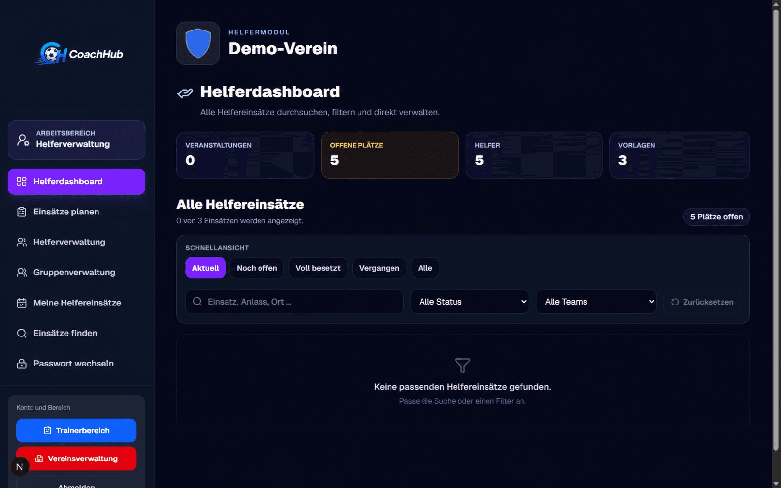 Helferdashboard und Einsatzfilter in Verevia
