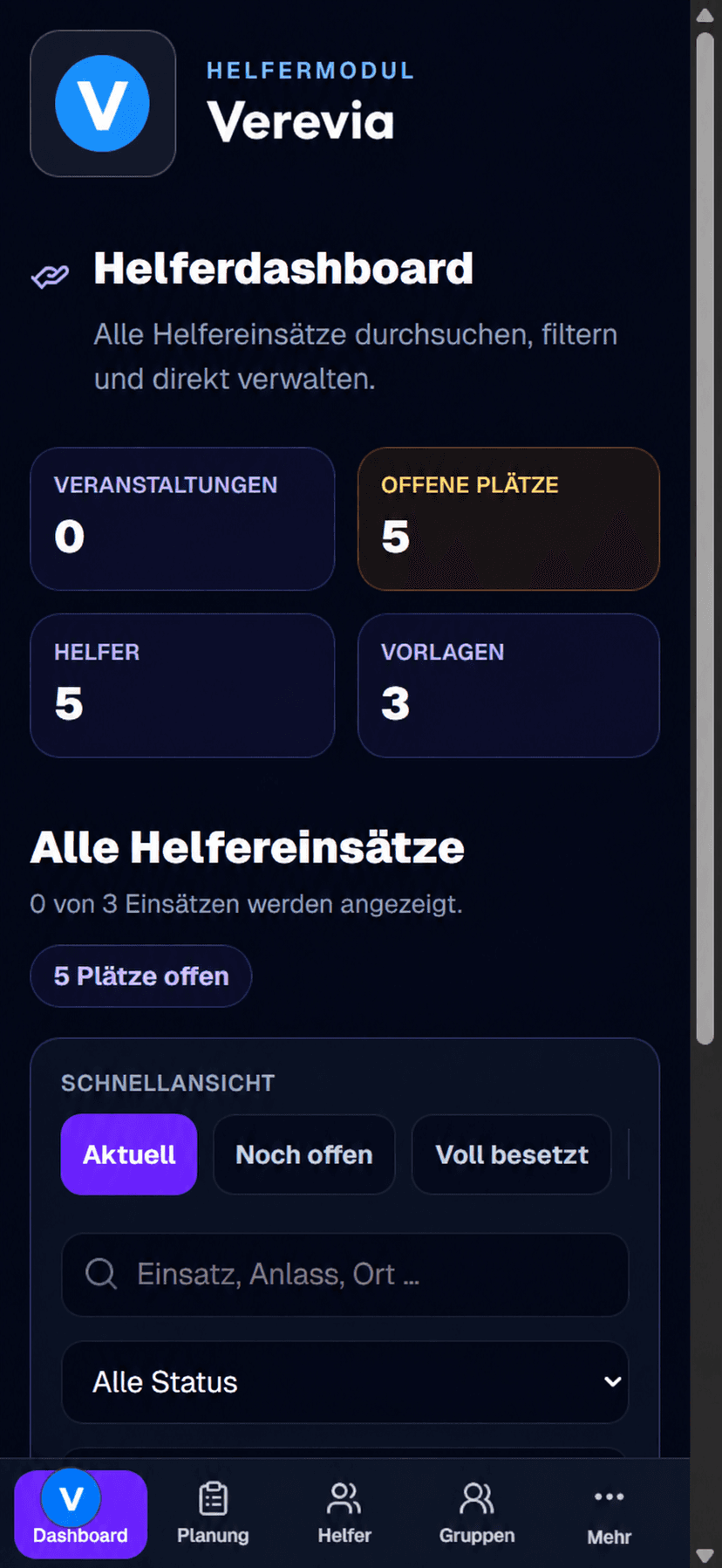 Helferdashboard und Einsatzfilter in Verevia