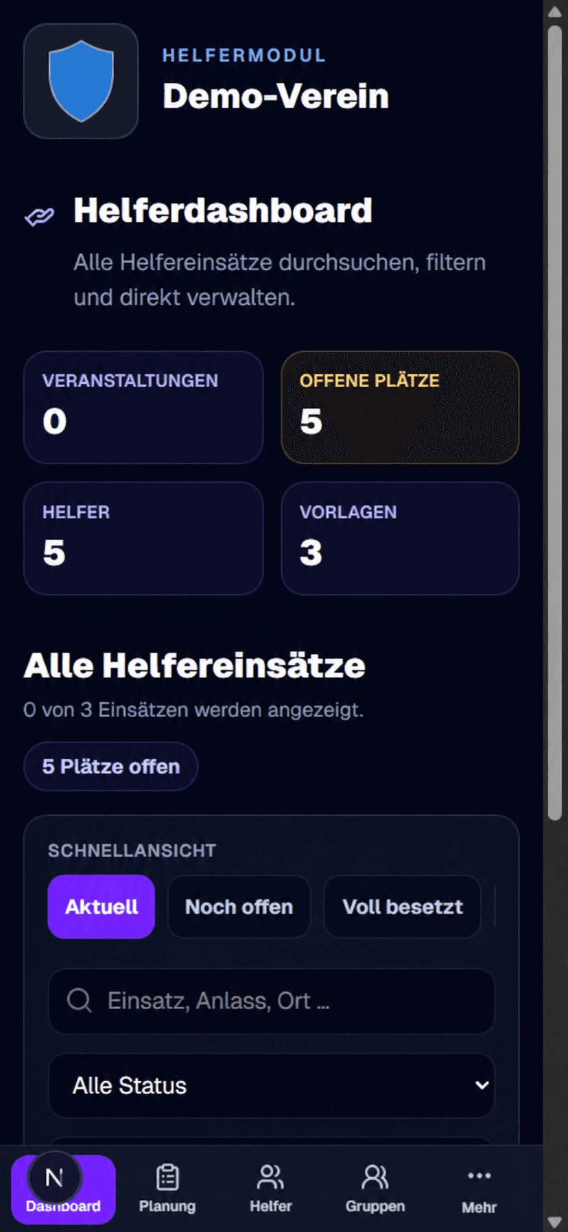 Helferdashboard und Einsatzfilter in Verevia