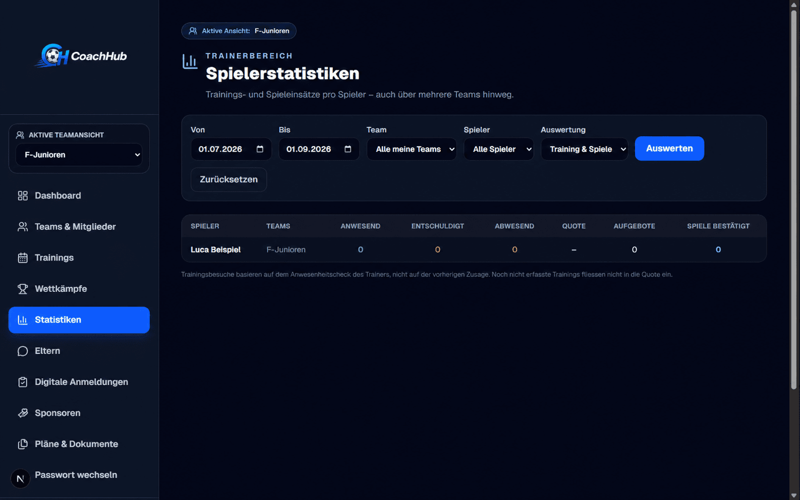 Spielerstatistiken in der Verevia Trainer-App