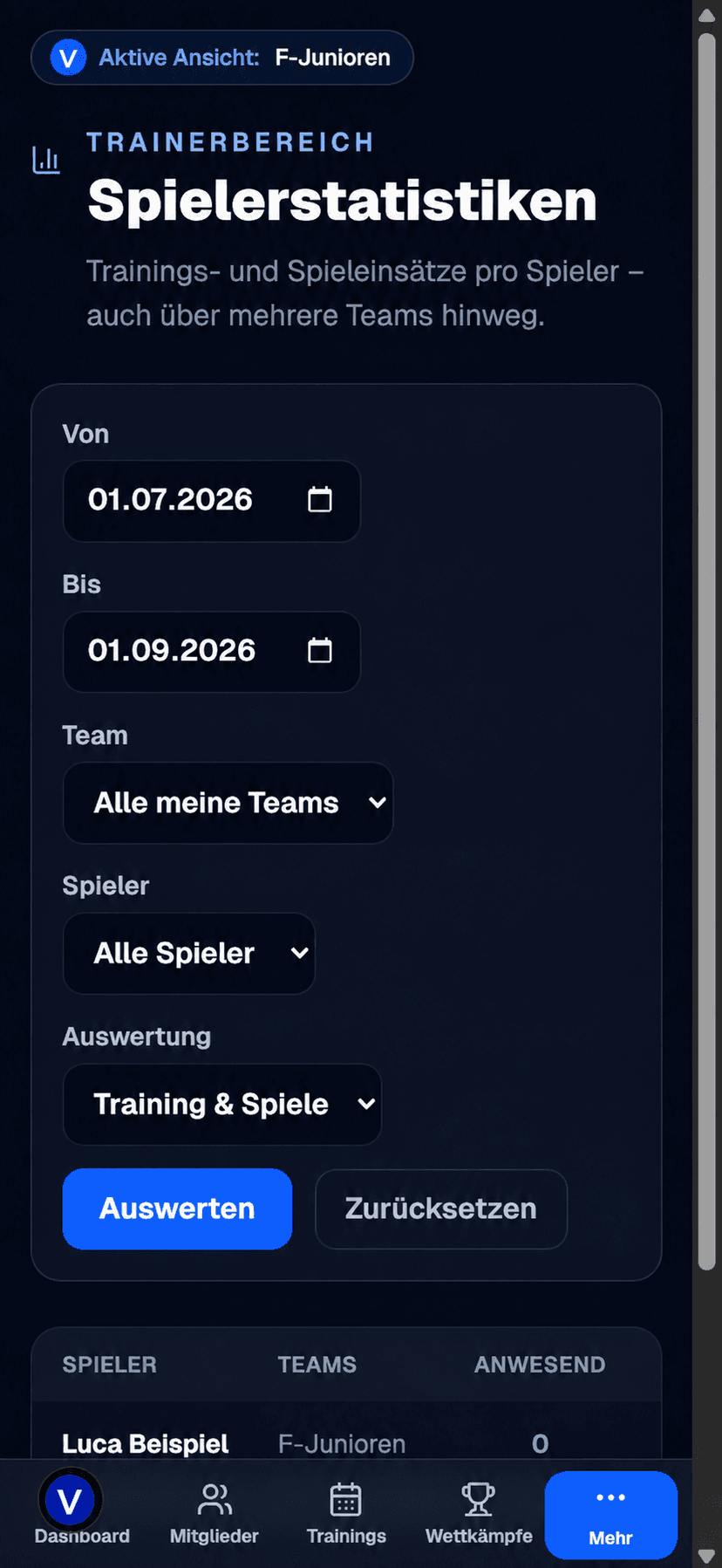 Spielerstatistiken in der Verevia Trainer-App