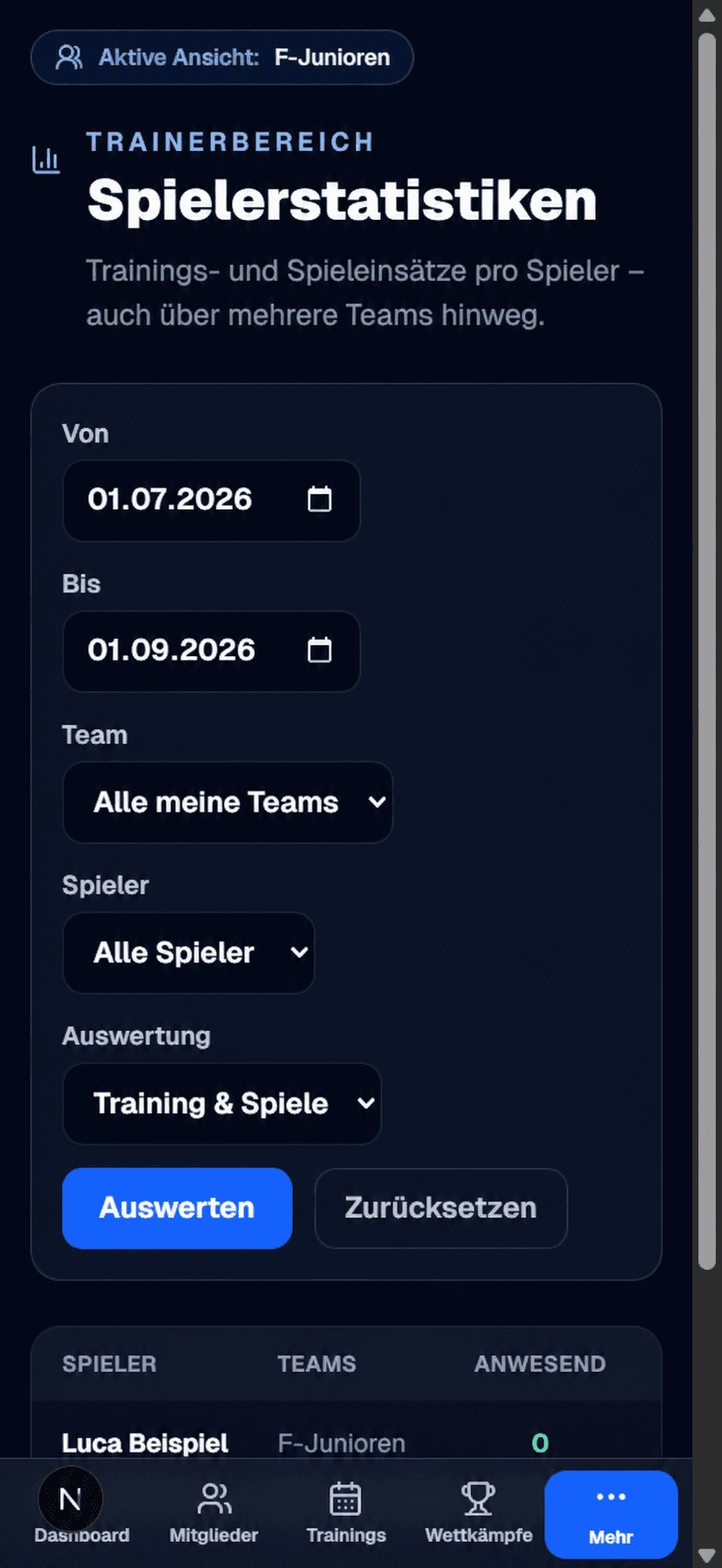Spielerstatistiken in der Verevia Trainer-App