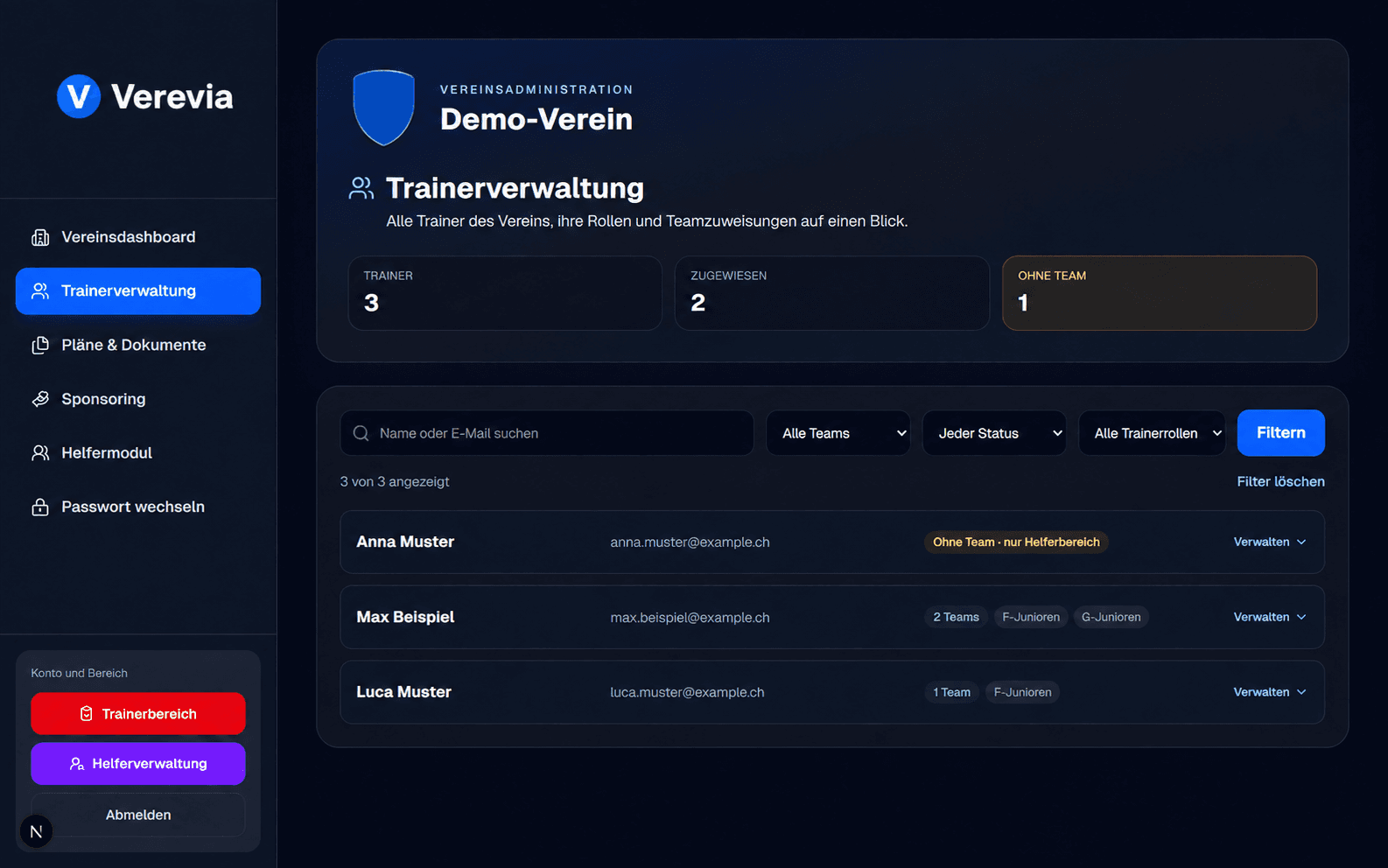 Trainerverwaltung in der Verevia Vereinsverwaltung