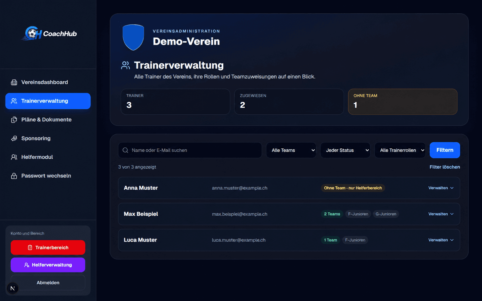 Trainerverwaltung in der Verevia Vereinsverwaltung