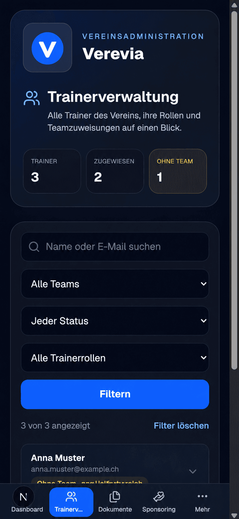 Trainerverwaltung in der Verevia Vereinsverwaltung