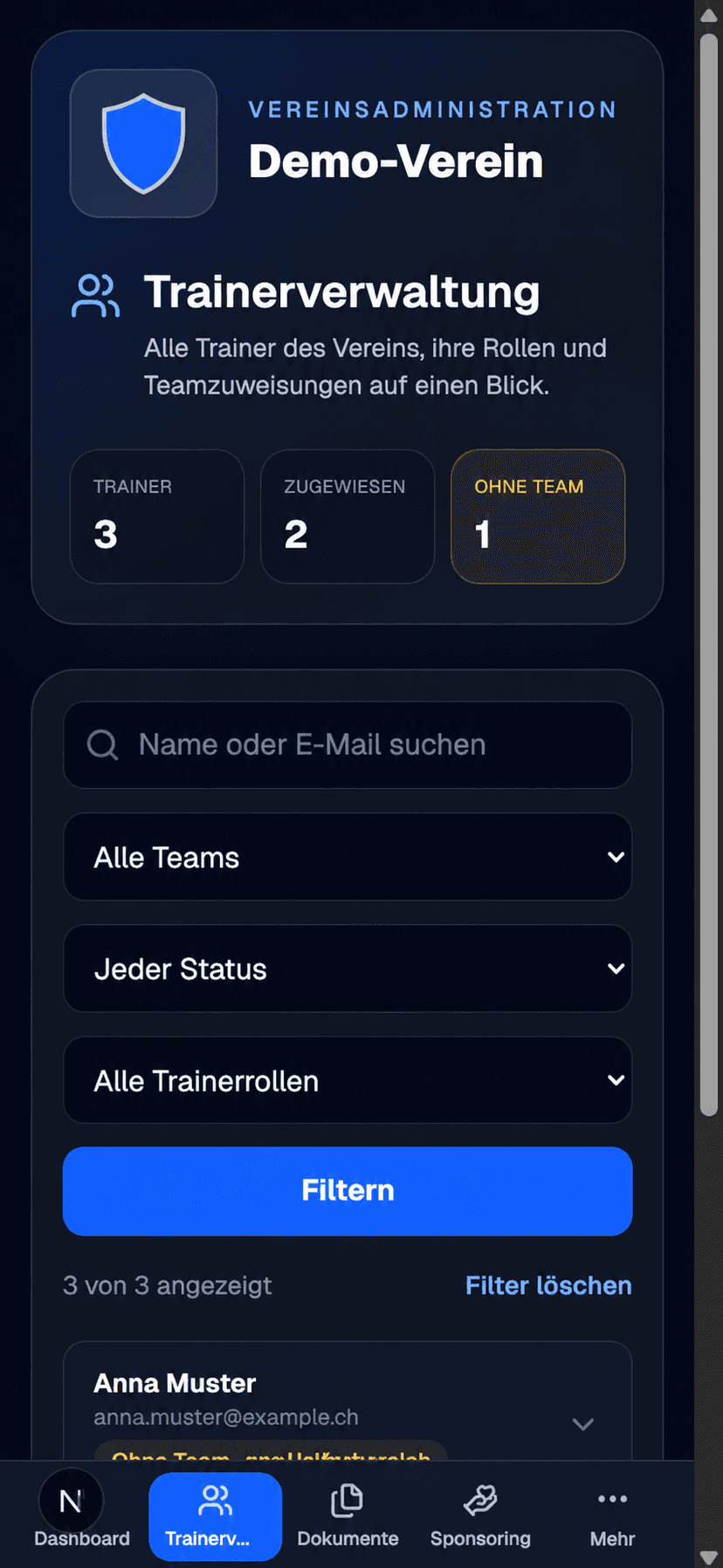 Trainerverwaltung in der Verevia Vereinsverwaltung